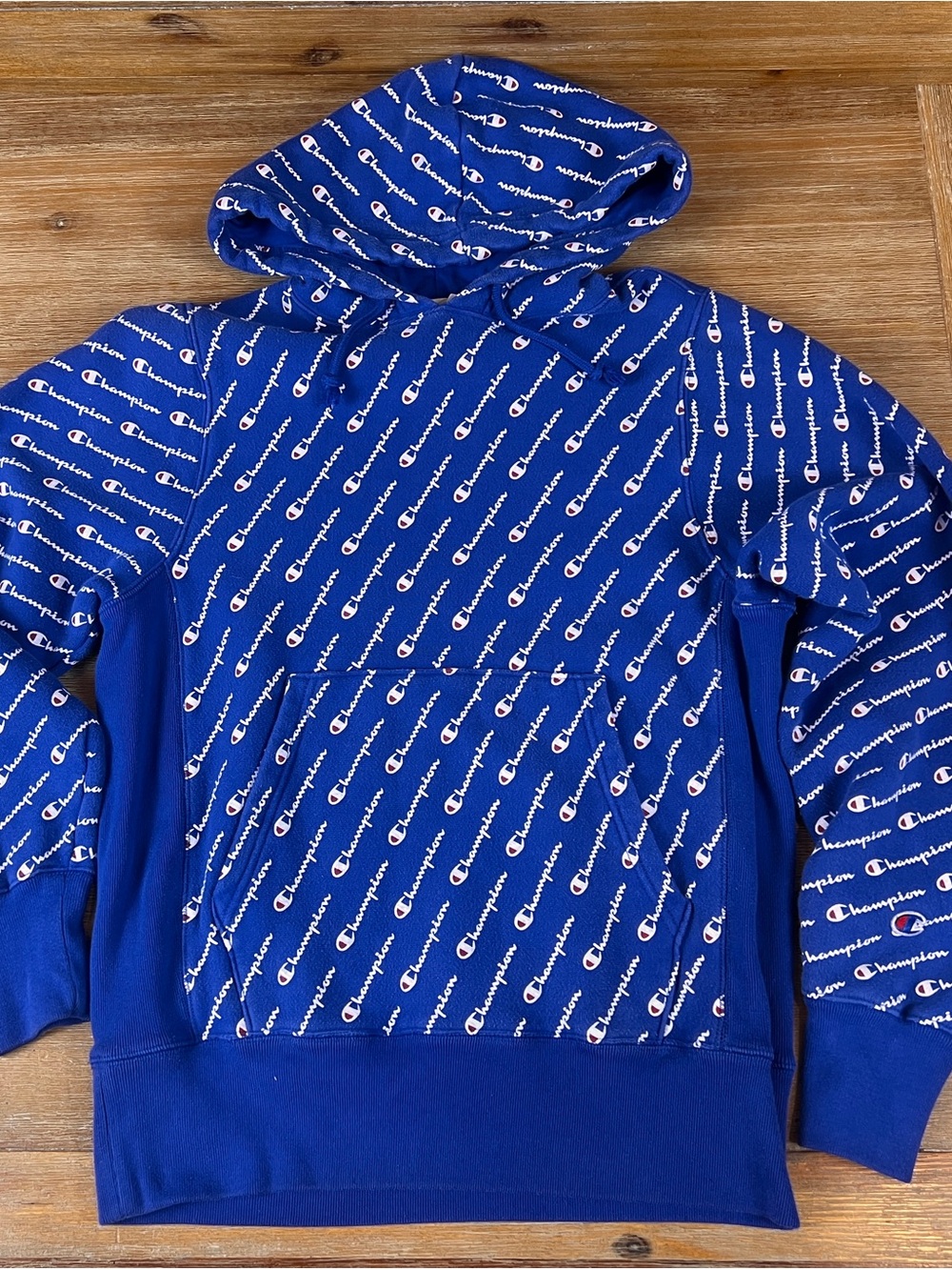 Vintage Champion Royal Blue All-Over Logo Hoodie reverse weave